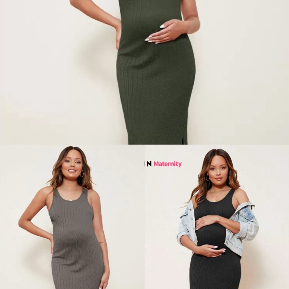 SHEIN Maternity Ribbed Midi Dress BUNDLE - Dark Green/ Black/Tan